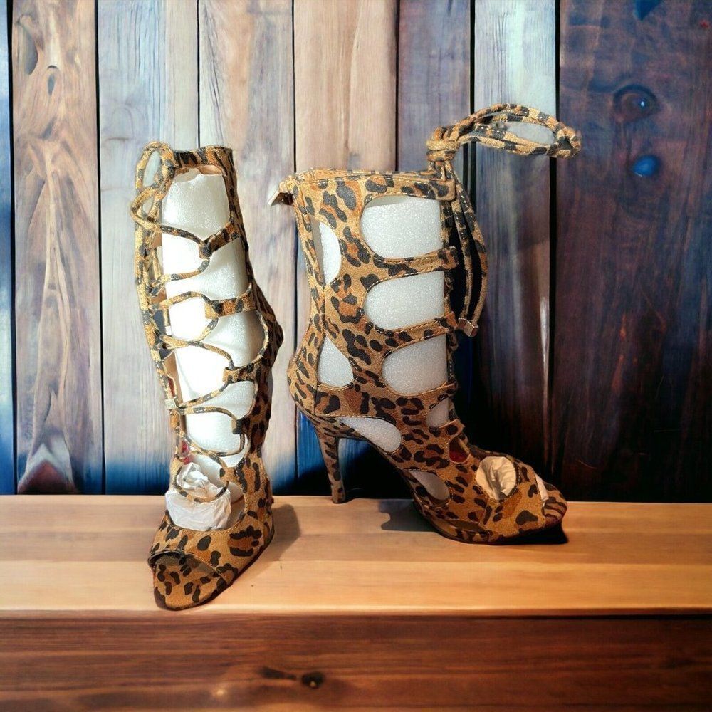 Breckelles Roma-51 Leopard Faux Suede Lace Up Stiletto Sandal Strappy Sandals